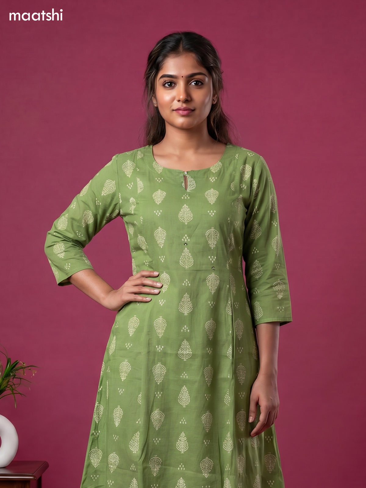 Green Cotton Printed Anarkali Kurti