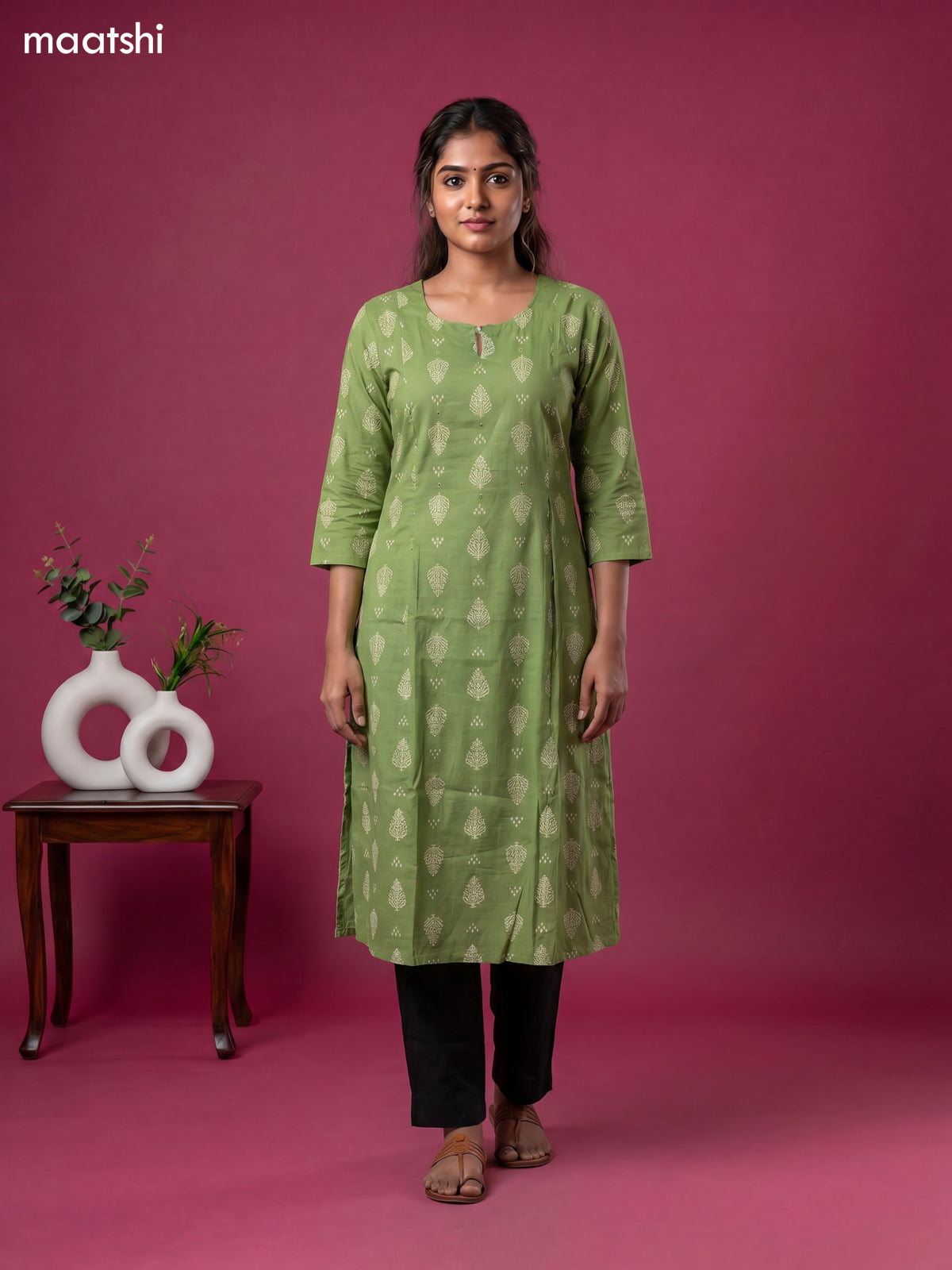 Green Cotton Printed Anarkali Kurti