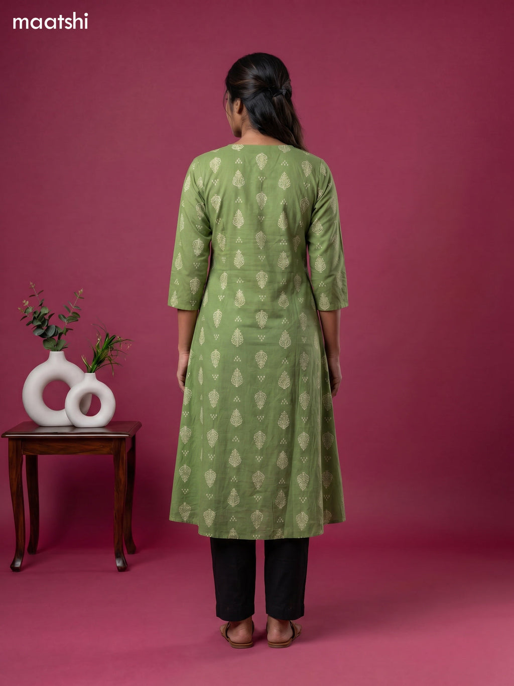 Green Cotton Printed Anarkali Kurti