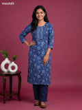 Dark Blue Cotton Floral Printed & Simple Embroidery Work Kurti Set
