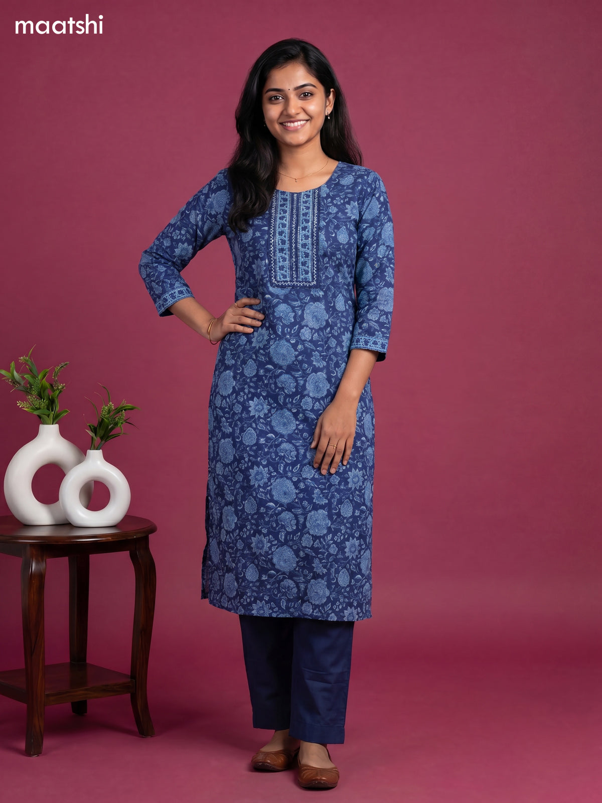 Dark Blue Cotton Floral Printed & Simple Embroidery Work Kurti Set