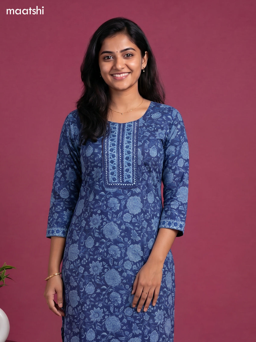 Dark Blue Cotton Floral Printed & Simple Embroidery Work Kurti Set