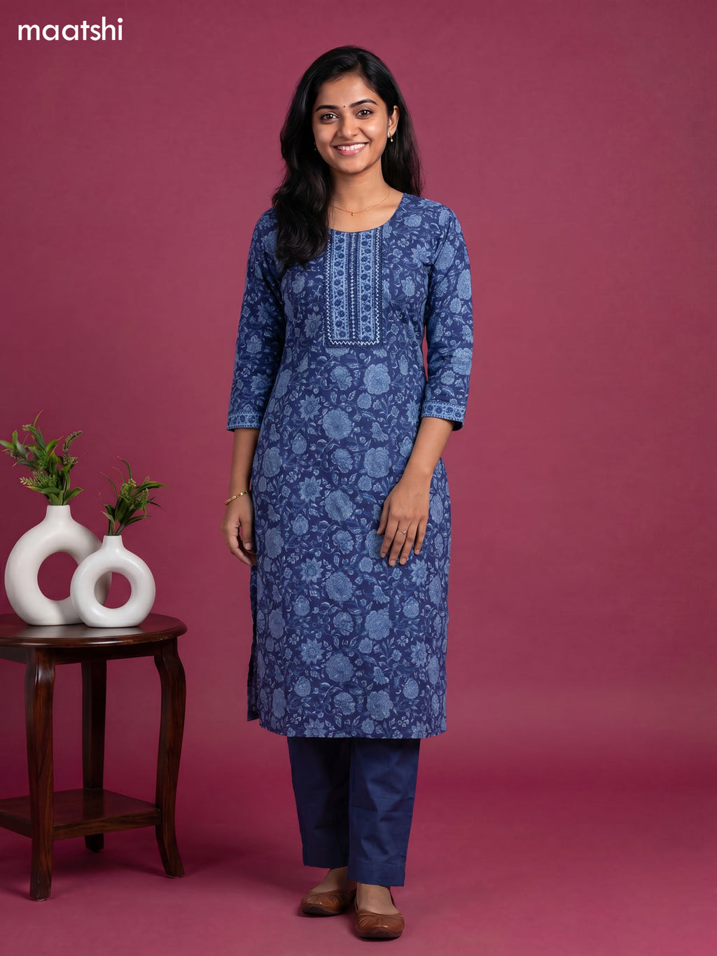 Dark Blue Cotton Floral Printed & Simple Embroidery Work Kurti Set