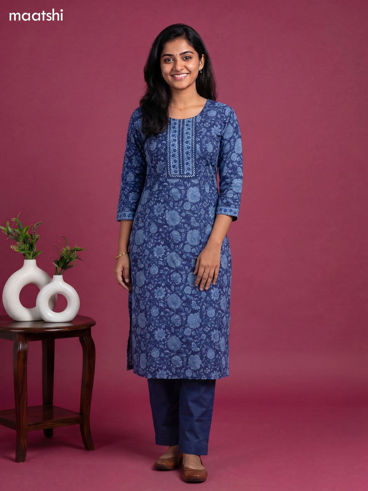 Dark Blue Cotton Floral Printed & Simple Embroidery Work Kurti Set