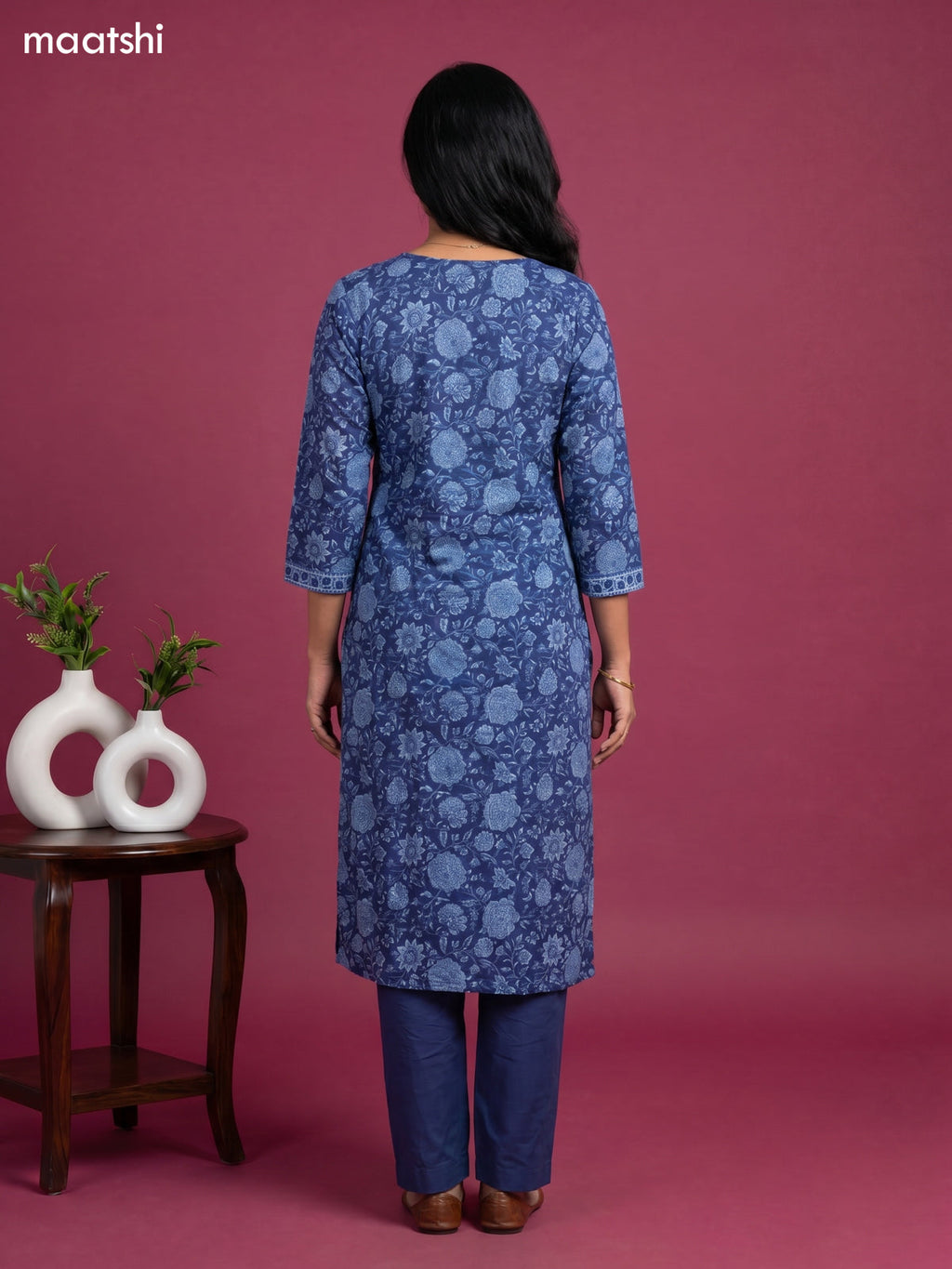 Dark Blue Cotton Floral Printed & Simple Embroidery Work Kurti Set