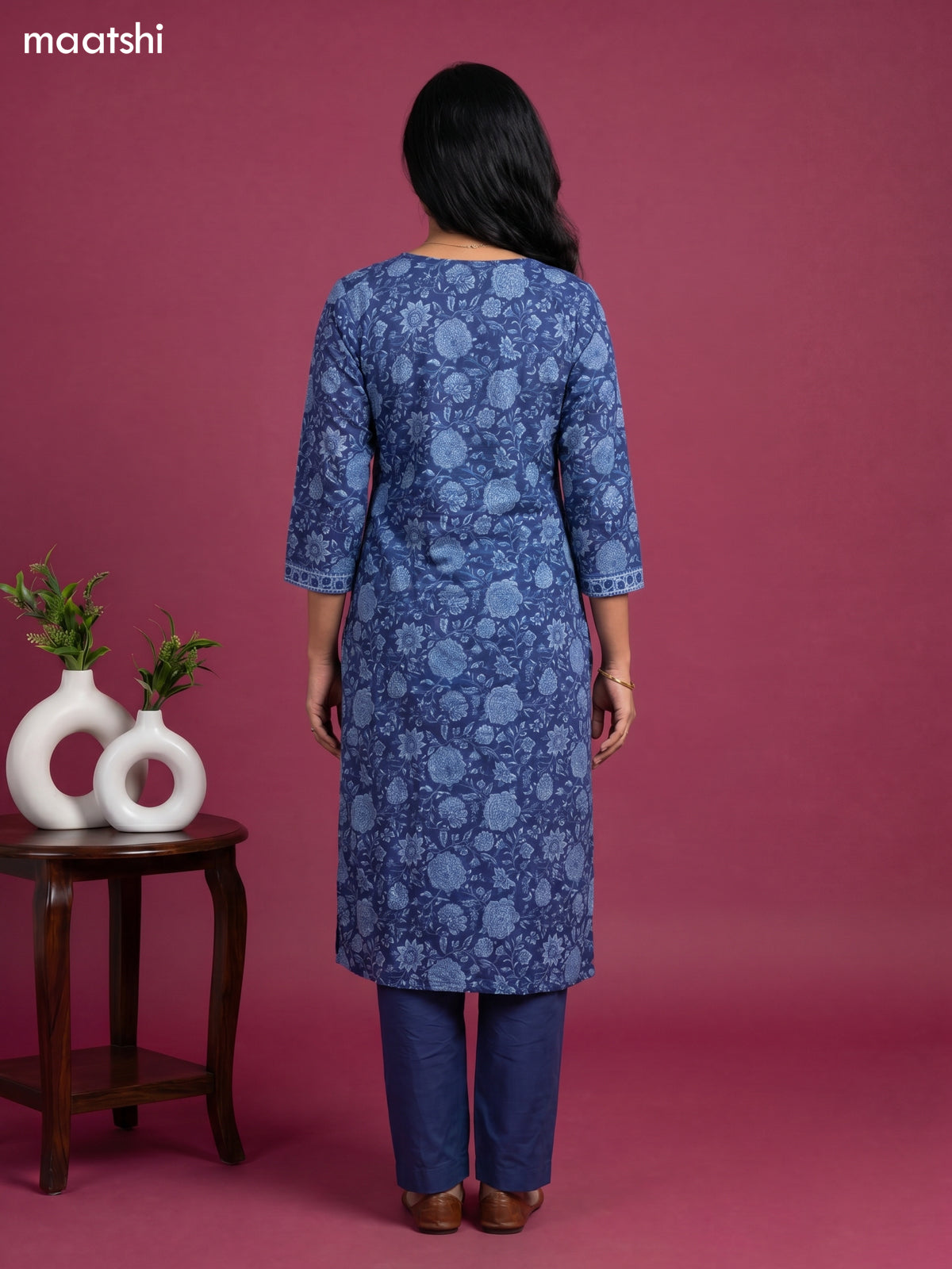 Dark Blue Cotton Floral Printed & Simple Embroidery Work Kurti Set
