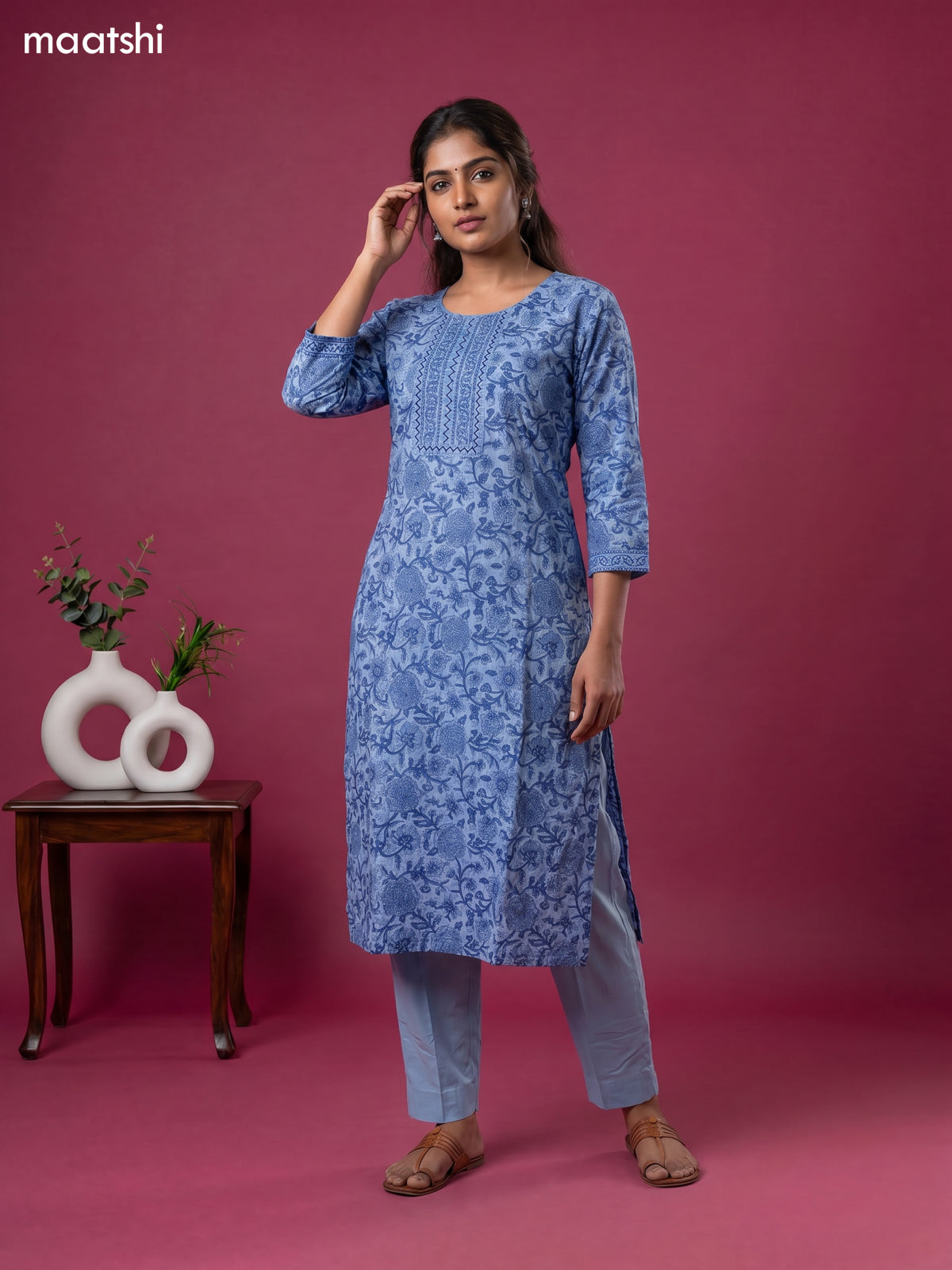 Light Blue Cotton Floral Printed & Simple Embroidery Work Kurti Set