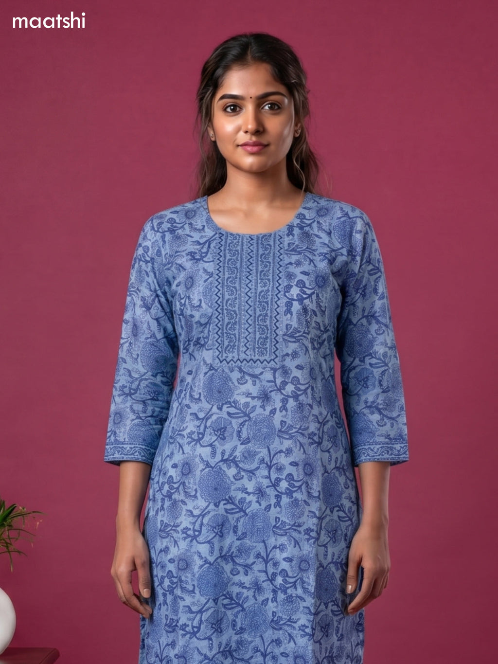Light Blue Cotton Floral Printed & Simple Embroidery Work Kurti Set