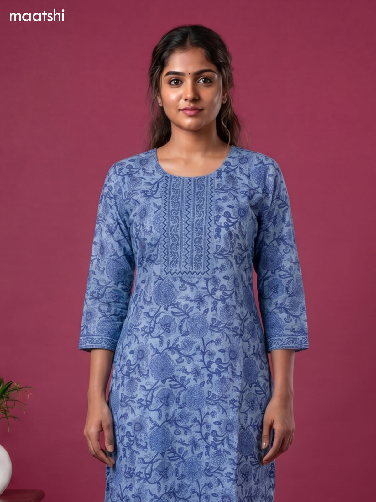 Light Blue Cotton Floral Printed & Simple Embroidery Work Kurti Set