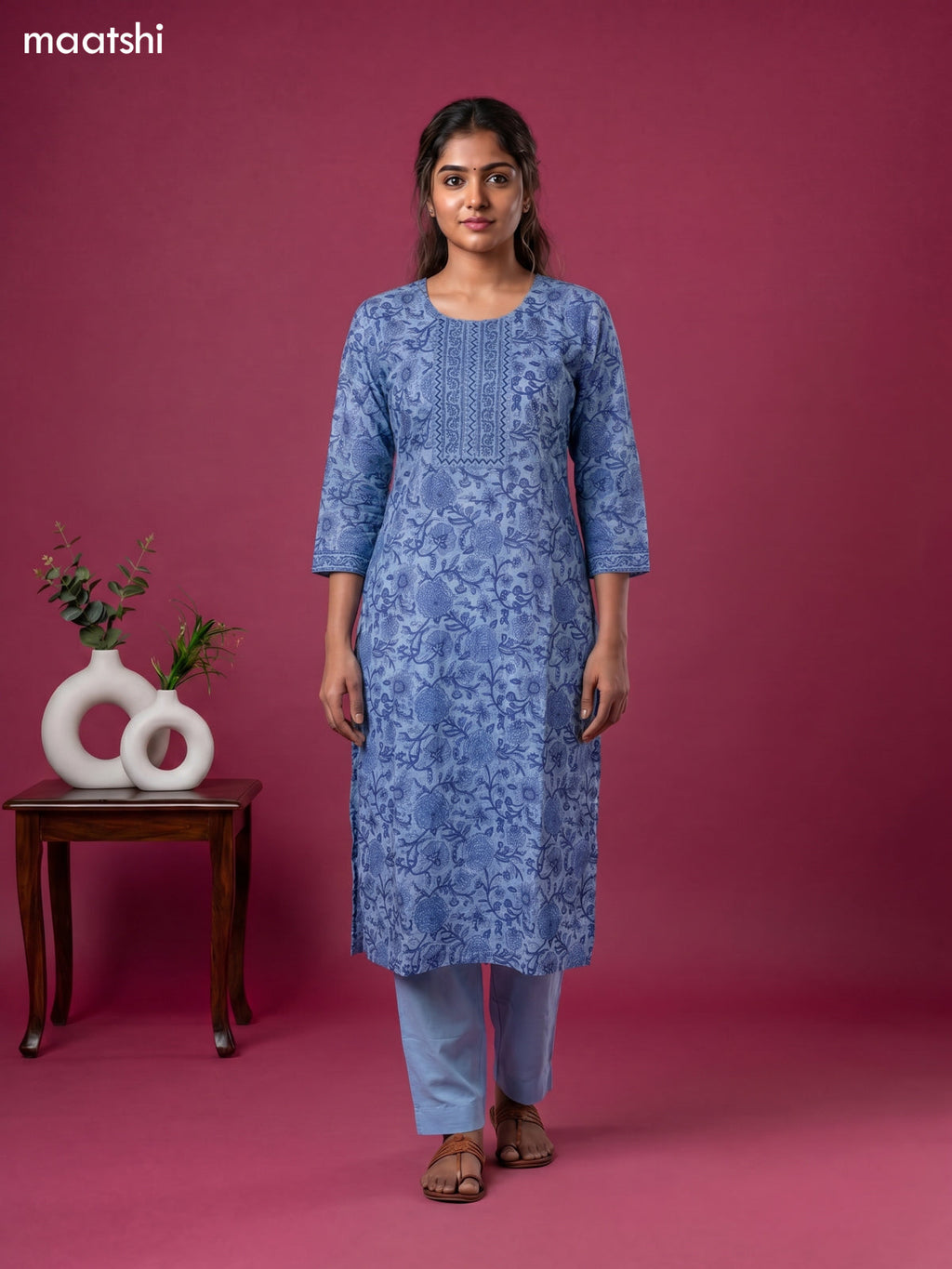 Light Blue Cotton Floral Printed & Simple Embroidery Work Kurti Set