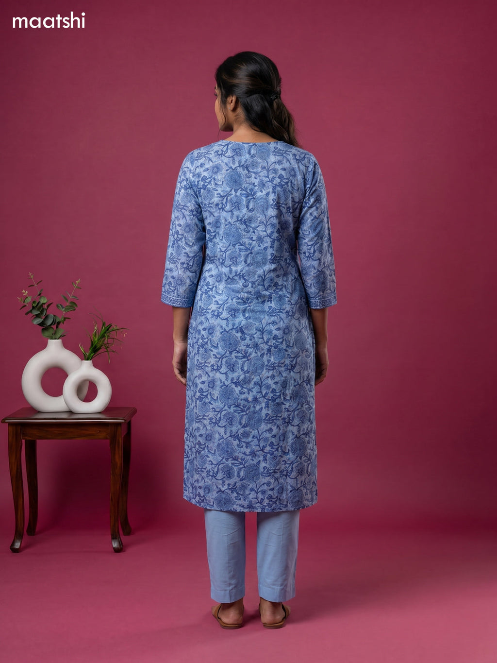 Light Blue Cotton Floral Printed & Simple Embroidery Work Kurti Set