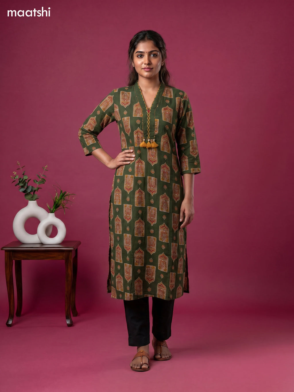 Sap Green Cotton Ajrakh Printed Straight Kurti