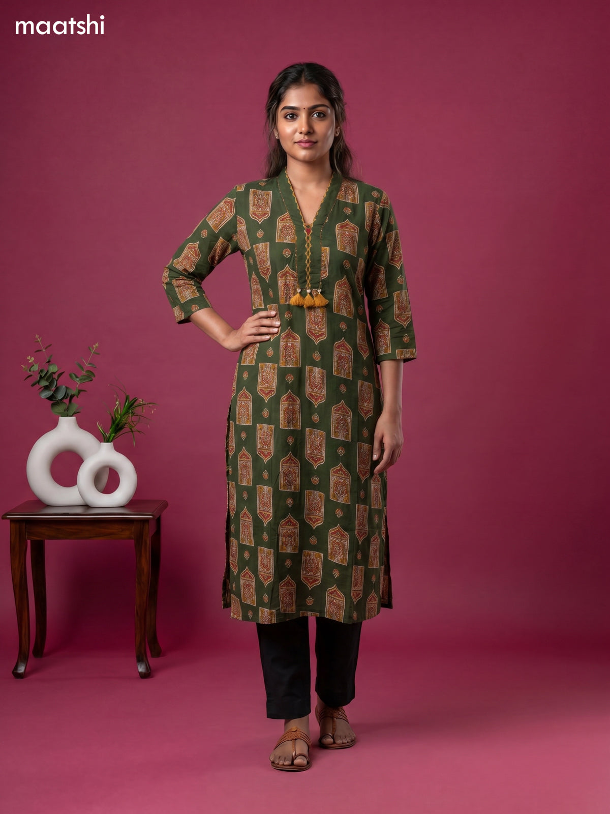 Sap Green Cotton Ajrakh Printed Straight Kurti