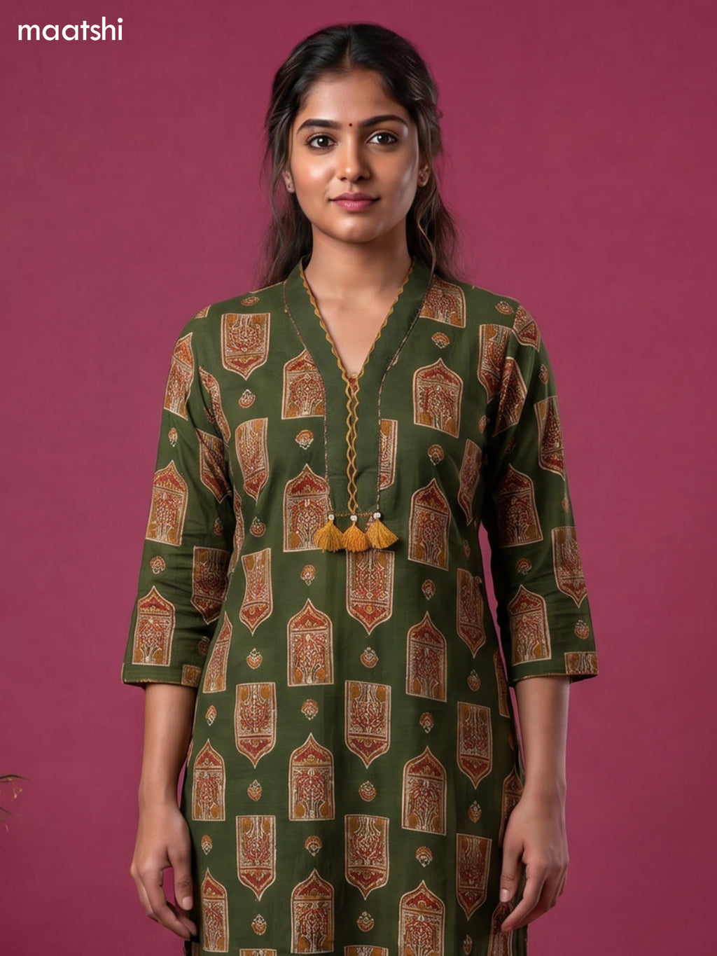 Sap Green Cotton Ajrakh Printed Straight Kurti