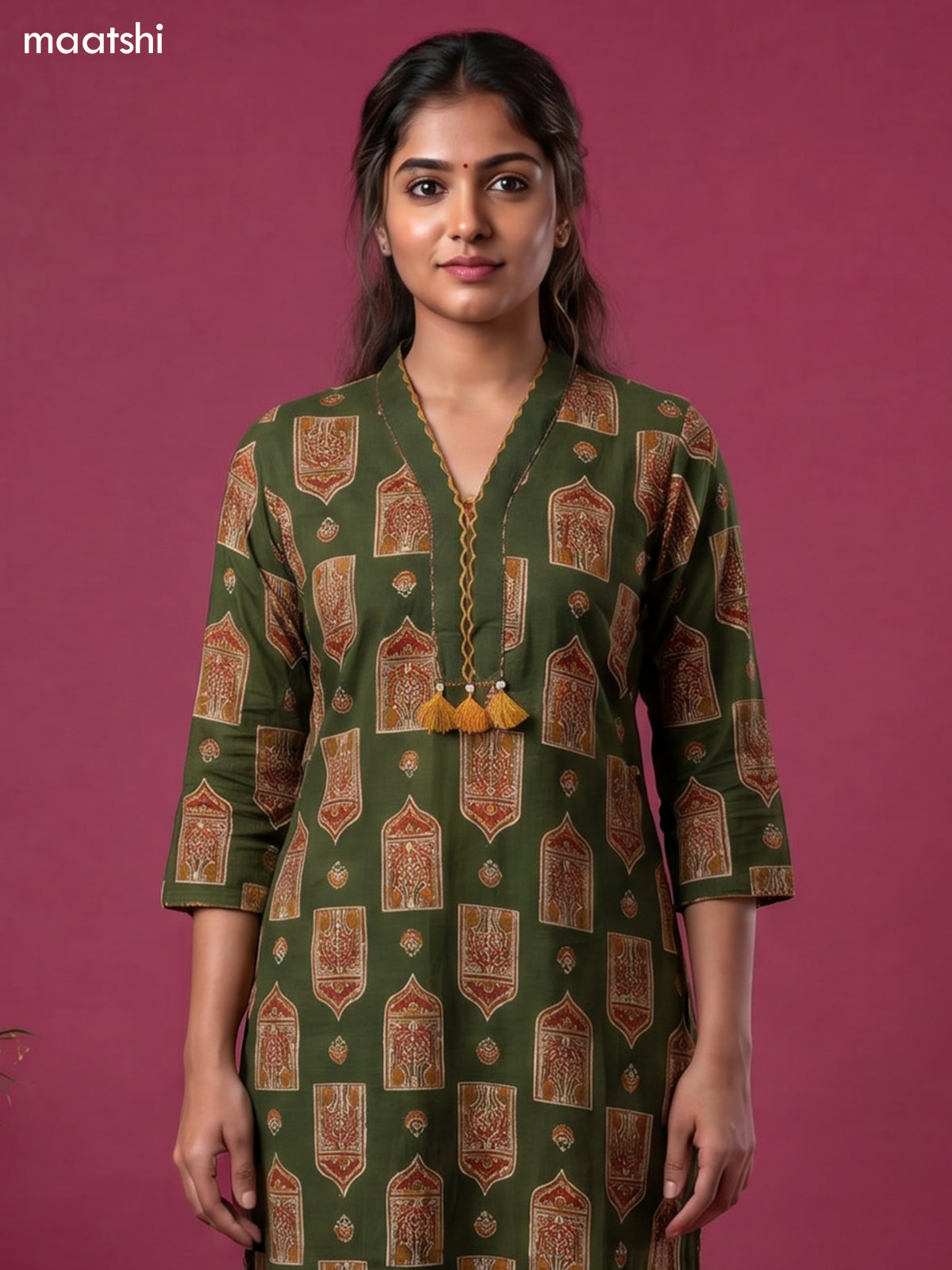 Sap Green Cotton Ajrakh Printed Straight Kurti