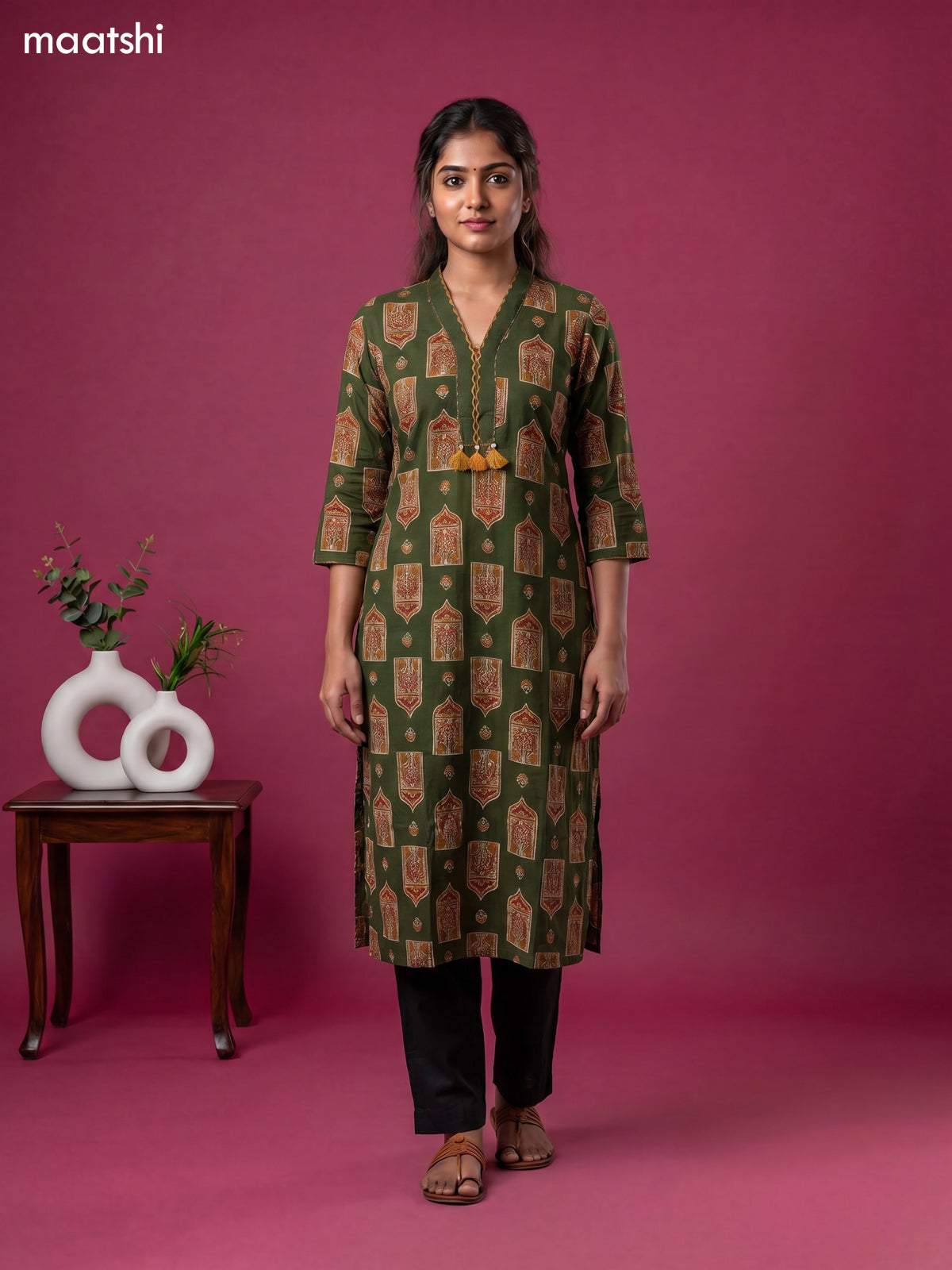 Sap Green Cotton Ajrakh Printed Straight Kurti