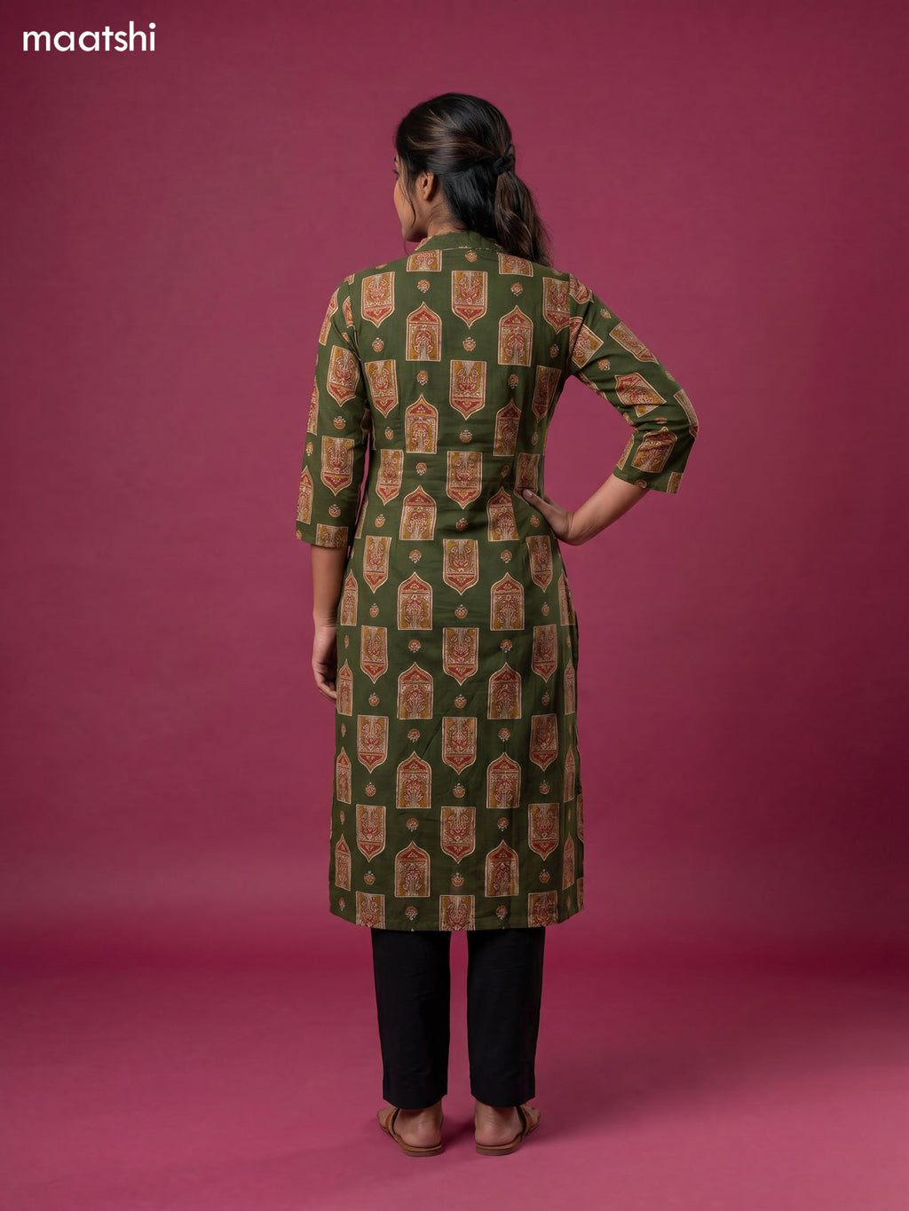 Sap Green Cotton Ajrakh Printed Straight Kurti