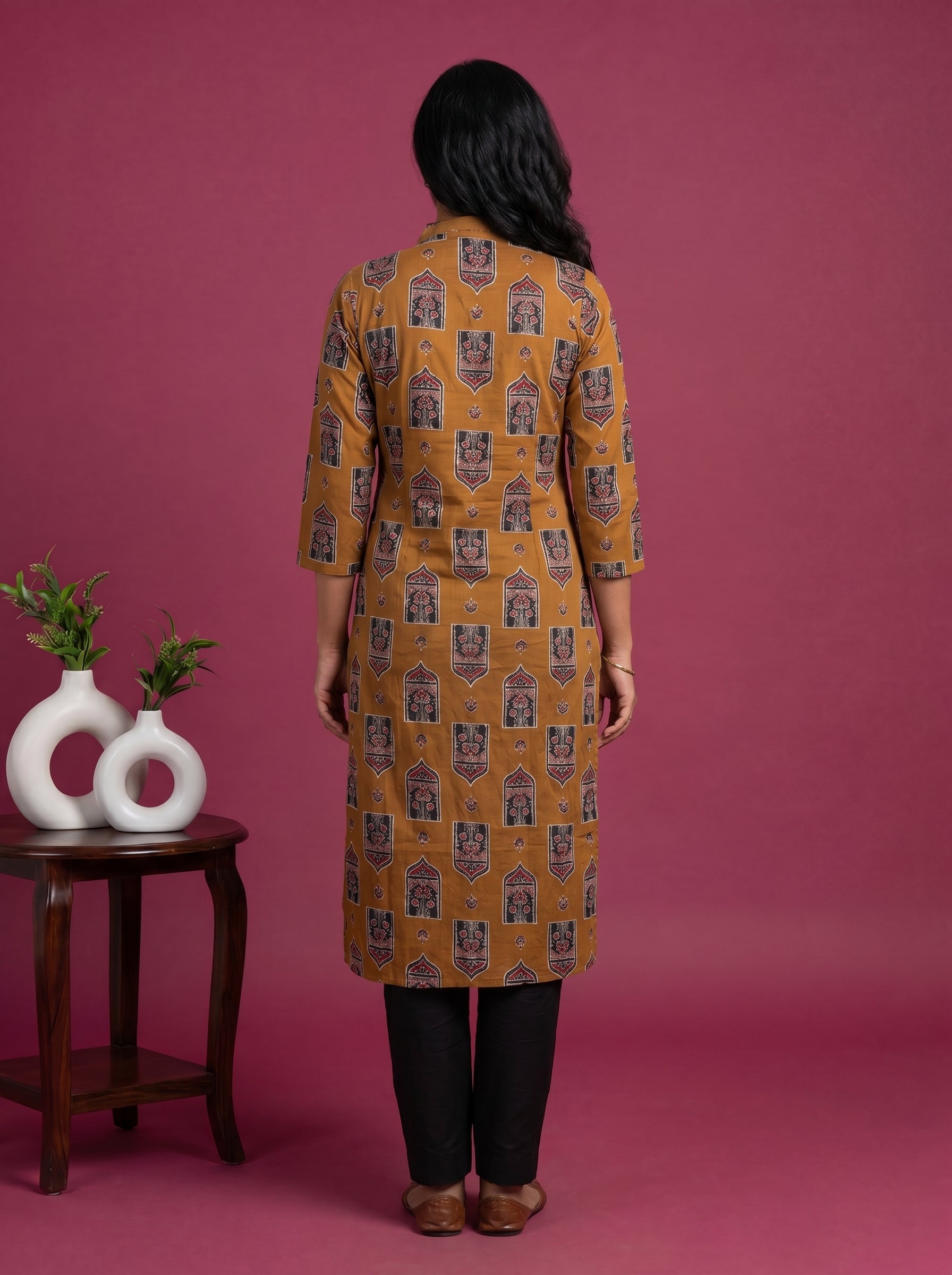 Dark Mustard Cotton Ajrakh Printed Straight Kurti