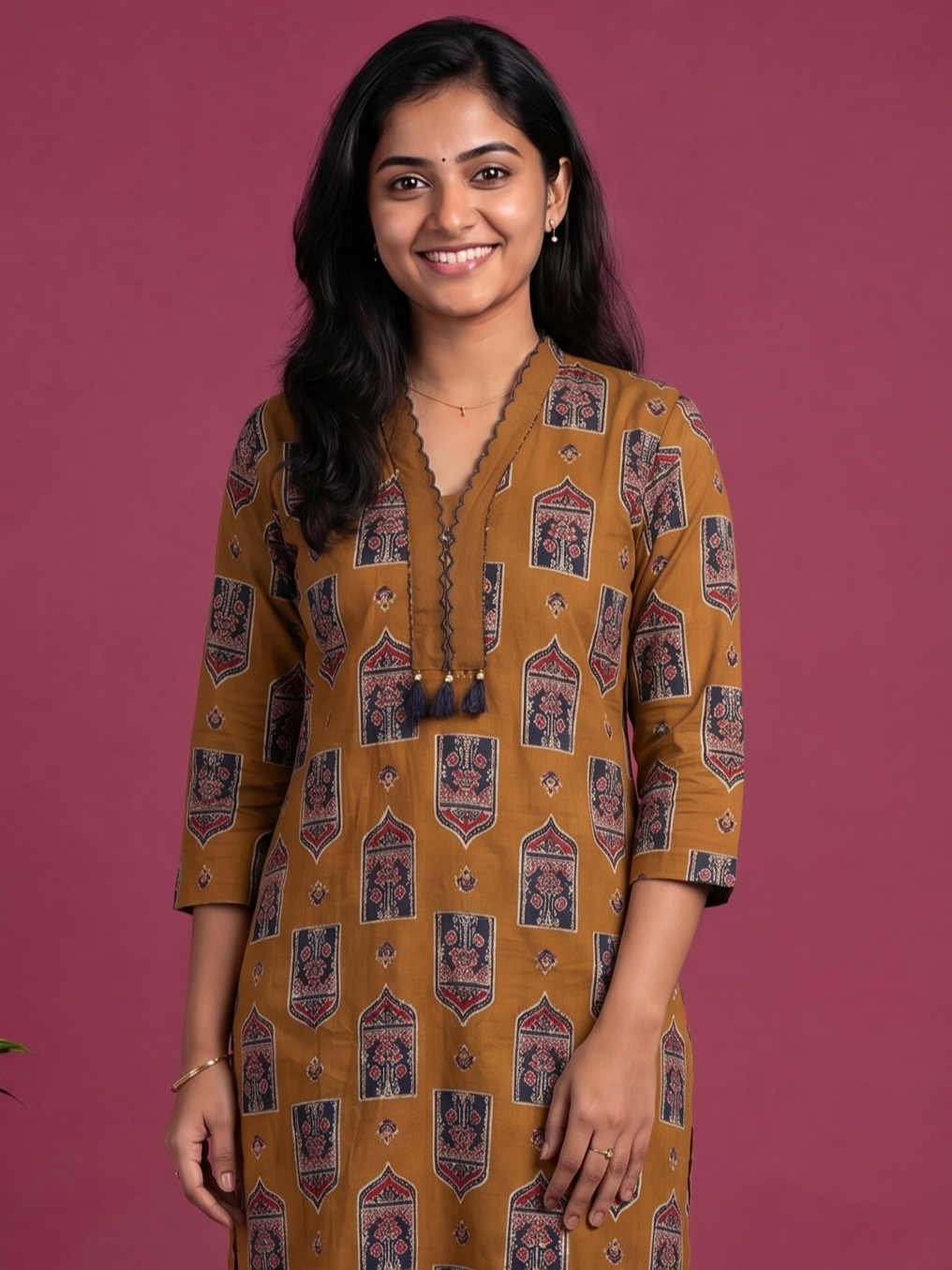 Dark Mustard Cotton Ajrakh Printed Straight Kurti