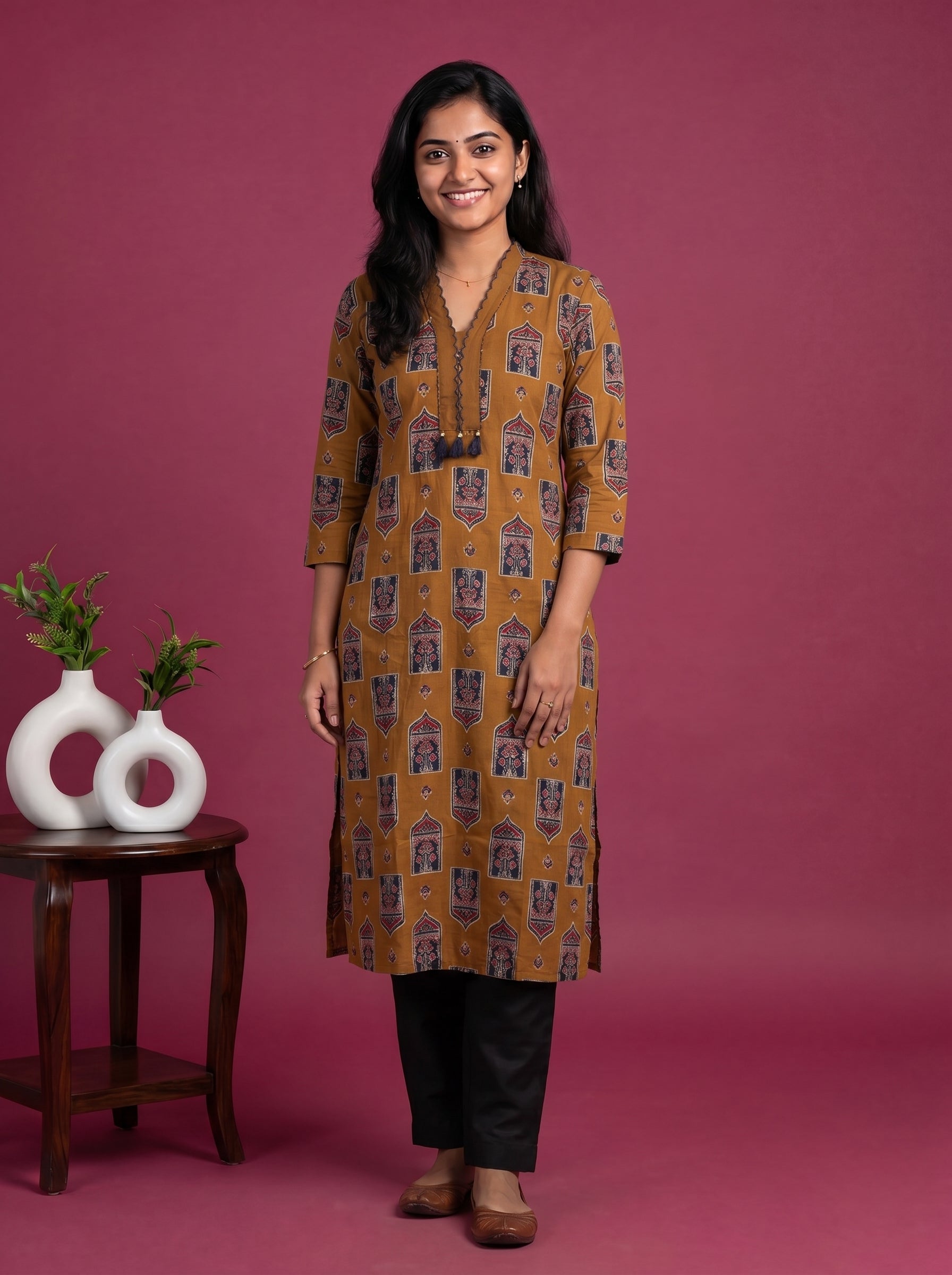 Dark Mustard Cotton Ajrakh Printed Straight Kurti