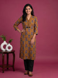 Dark Mustard Cotton Ajrakh Printed Straight Kurti