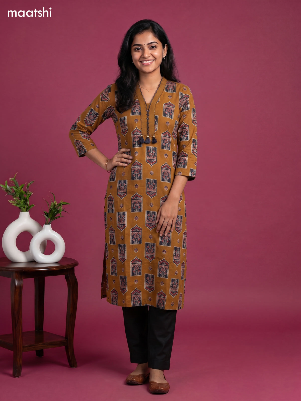 Dark Mustard Cotton Ajrakh Printed Straight Kurti