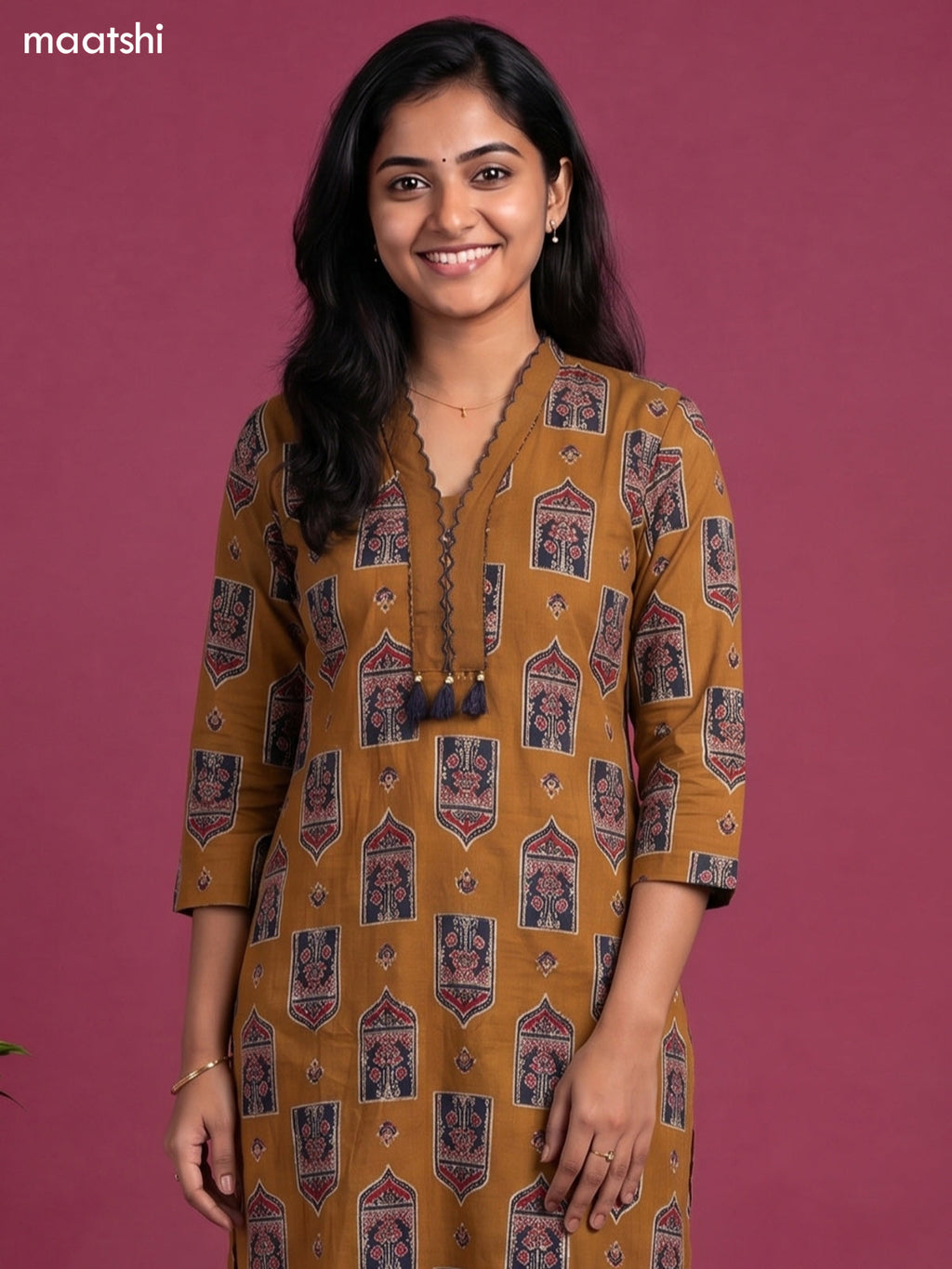 Dark Mustard Cotton Ajrakh Printed Straight Kurti