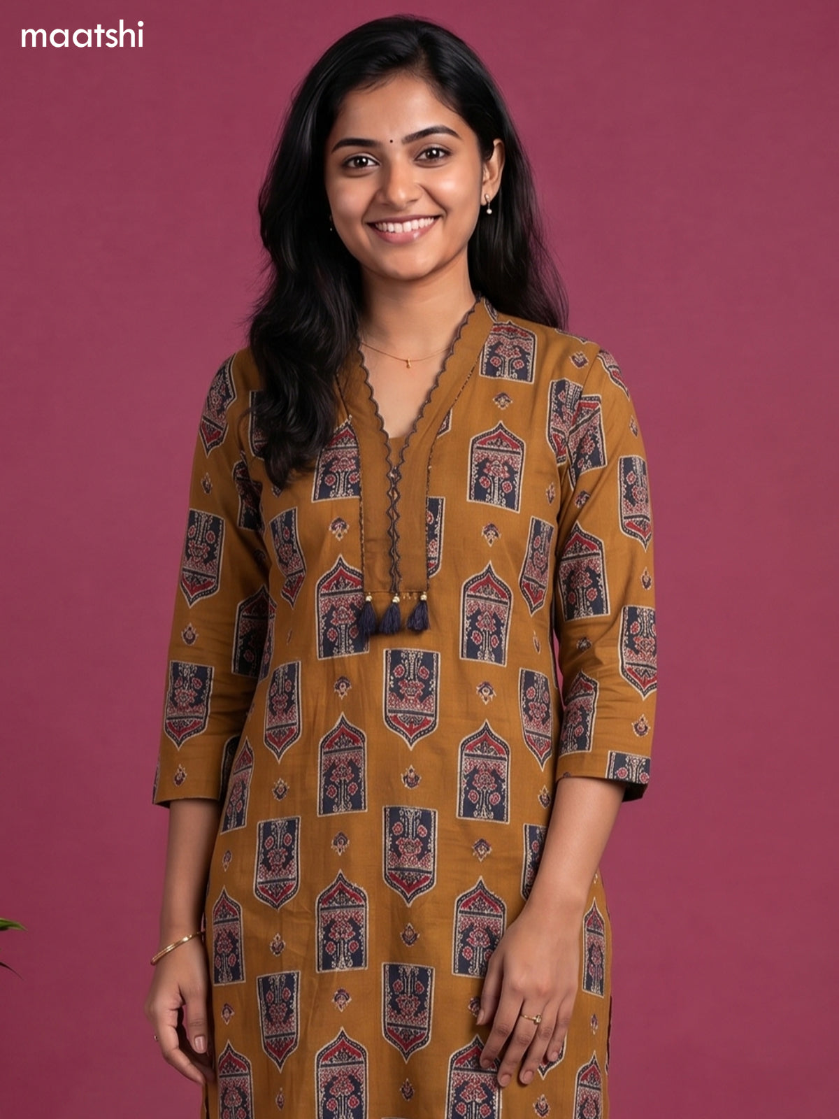 Dark Mustard Cotton Ajrakh Printed Straight Kurti