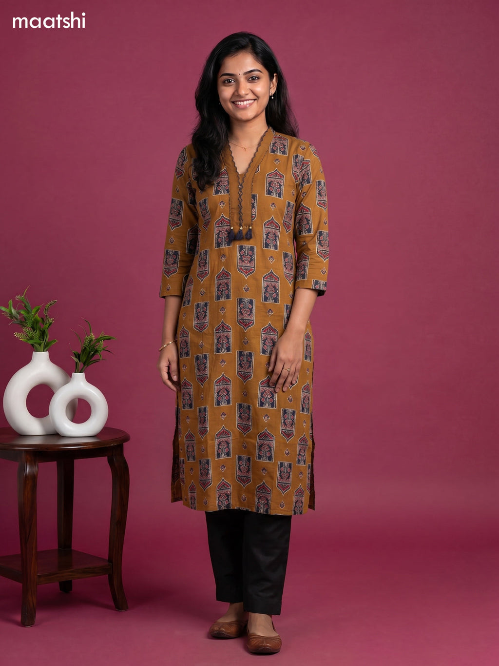 Dark Mustard Cotton Ajrakh Printed Straight Kurti