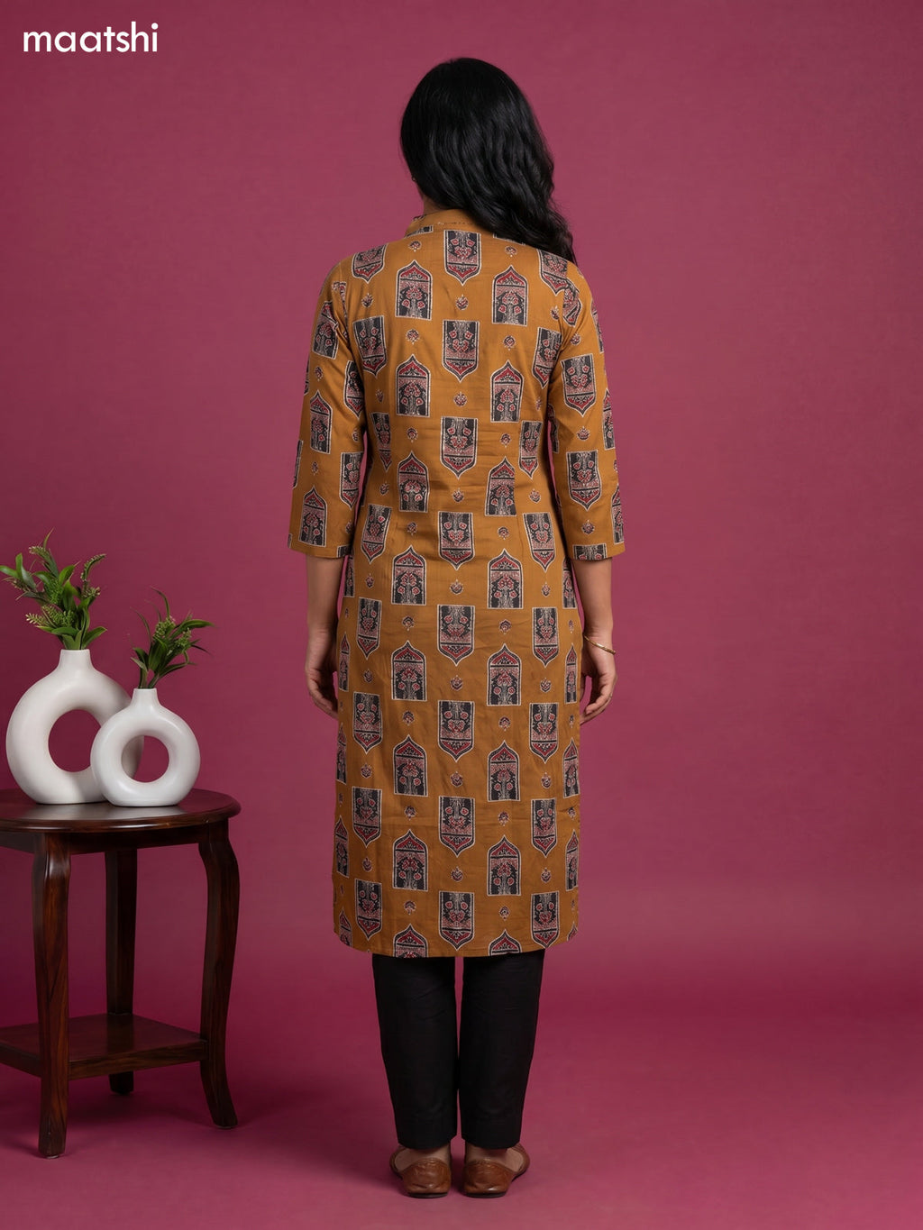Dark Mustard Cotton Ajrakh Printed Straight Kurti