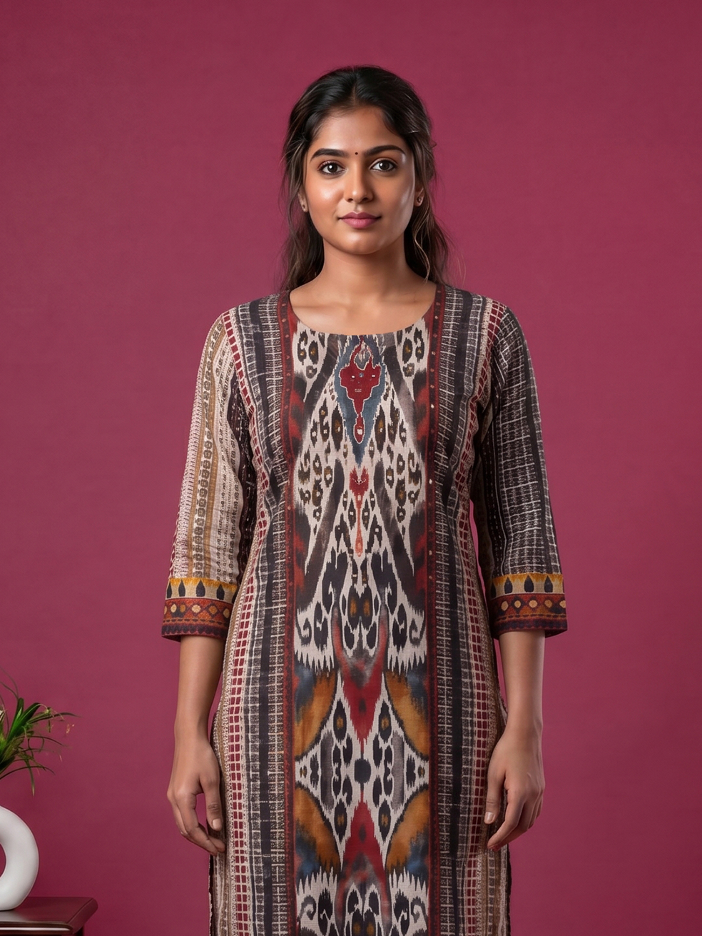 Multi Colour Cotton Ikat Weaves Straight Kurti