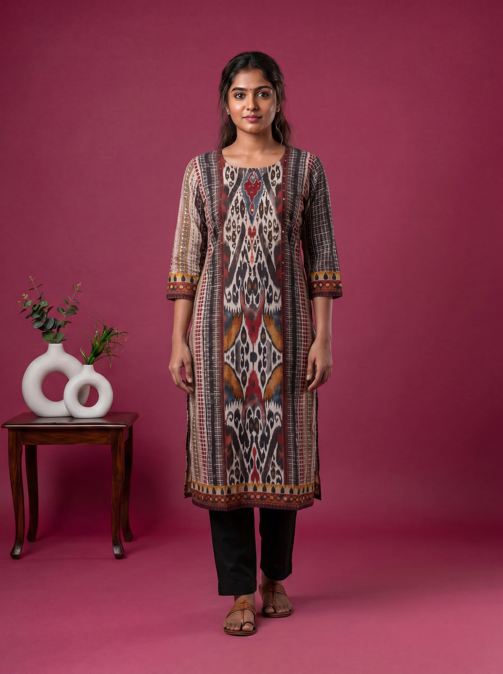 Multi Colour Cotton Ikat Weaves Straight Kurti