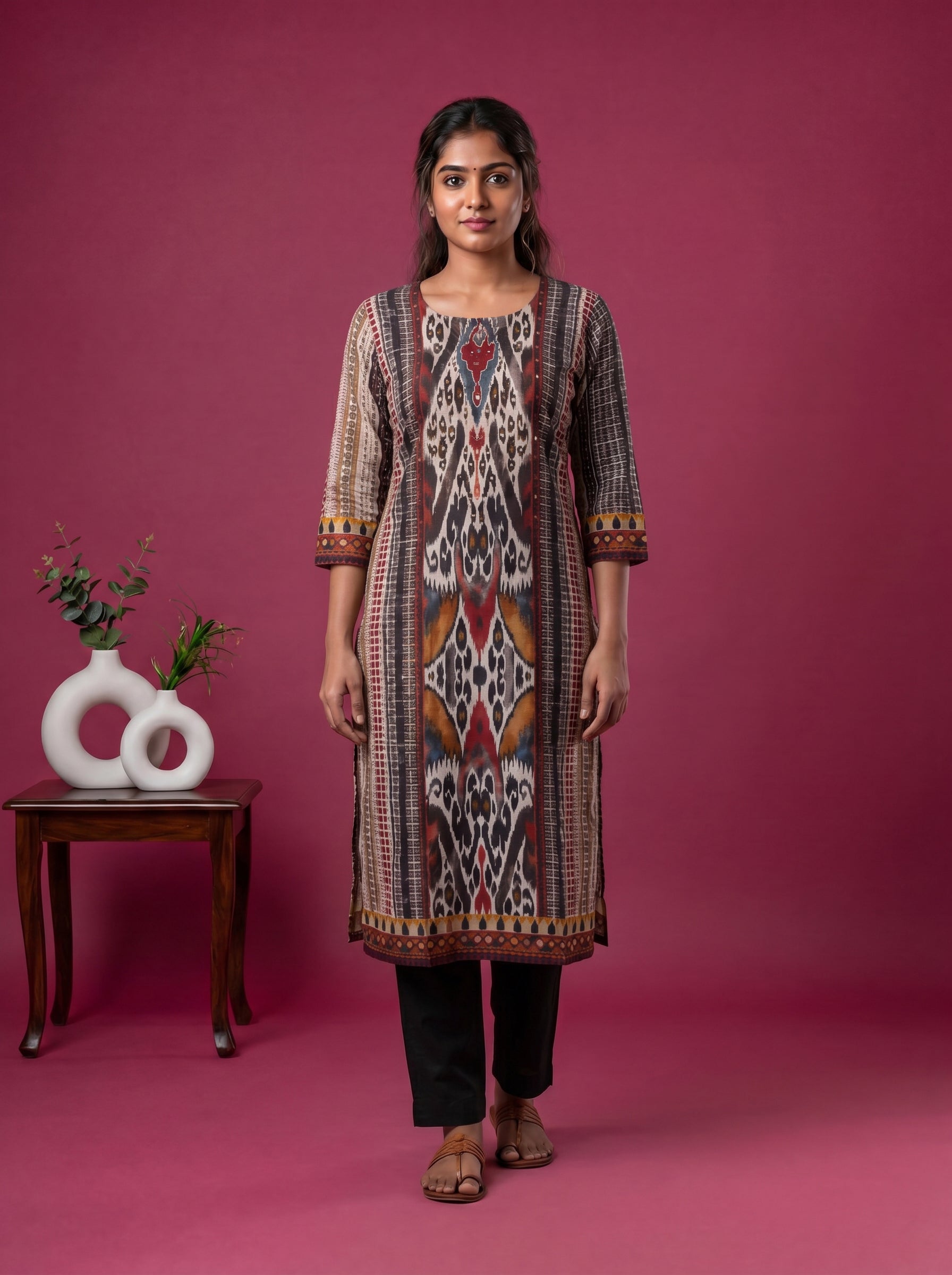 Multi Colour Cotton Ikat Weaves Straight Kurti