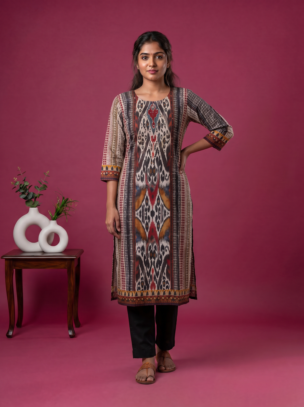 Multi Colour Cotton Ikat Weaves Straight Kurti