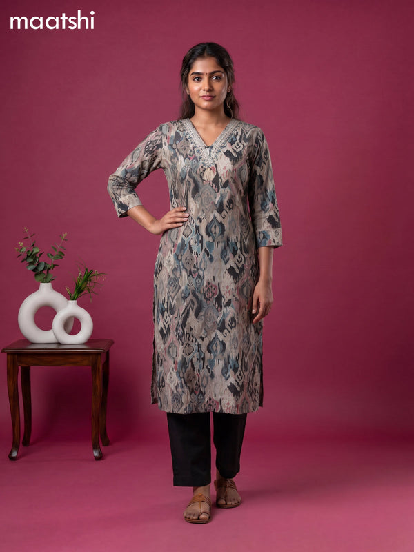 Black Cotton Ikat Weaves & Lace Work Straight Kurti