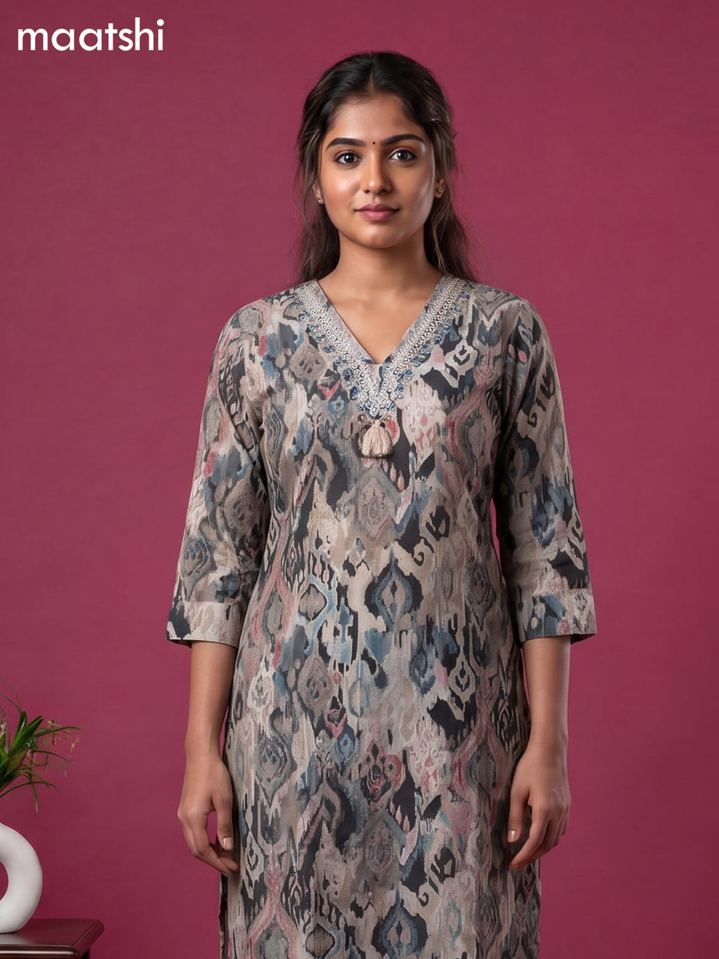 Black Cotton Ikat Weaves & Lace Work Straight Kurti