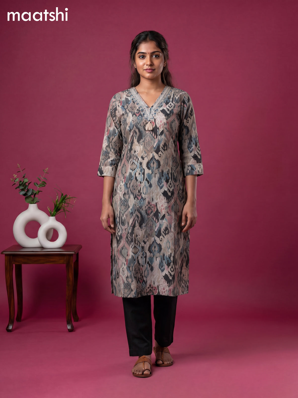 Black Cotton Ikat Weaves & Lace Work Straight Kurti