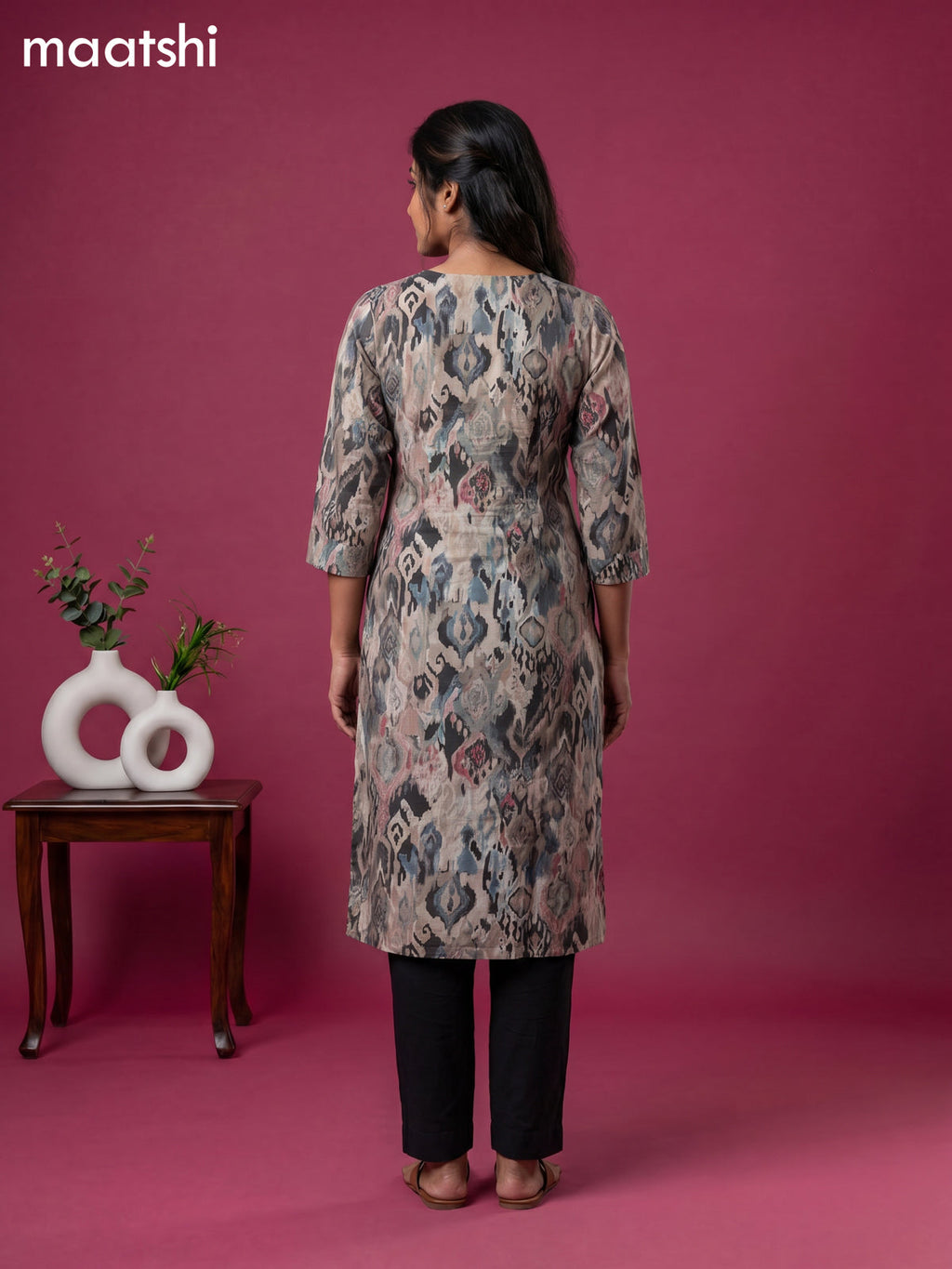 Black Cotton Ikat Weaves & Lace Work Straight Kurti