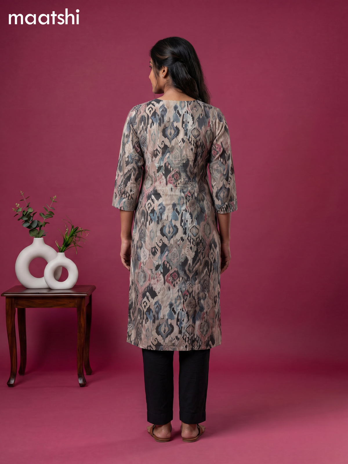 Black Cotton Ikat Weaves & Lace Work Straight Kurti