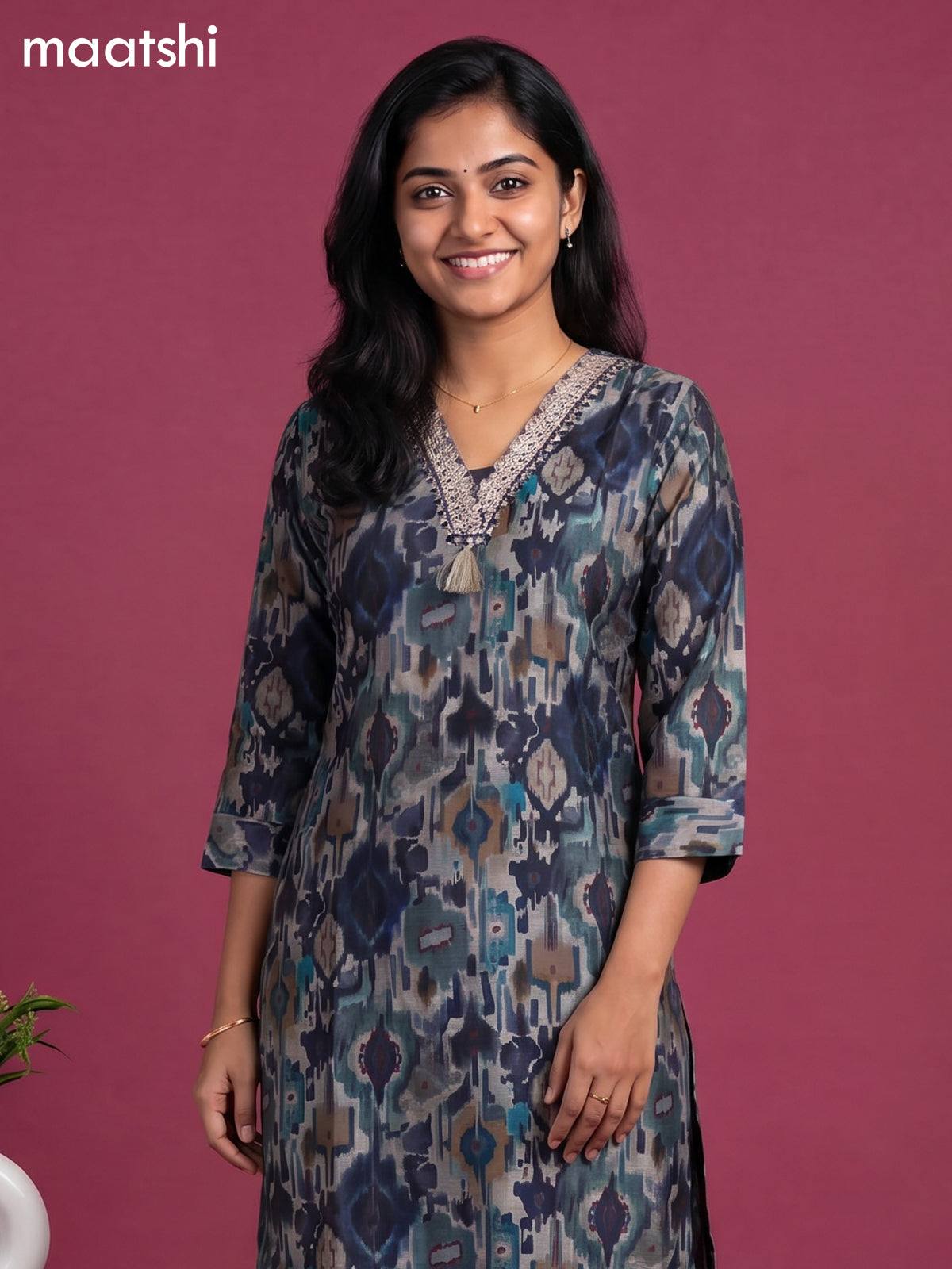 Beige and Blue Cotton Ikat Weaves & Lace Work Straight Kurti