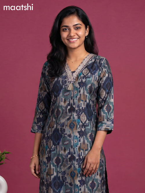 Beige and Blue Cotton Ikat Weaves & Lace Work Straight Kurti