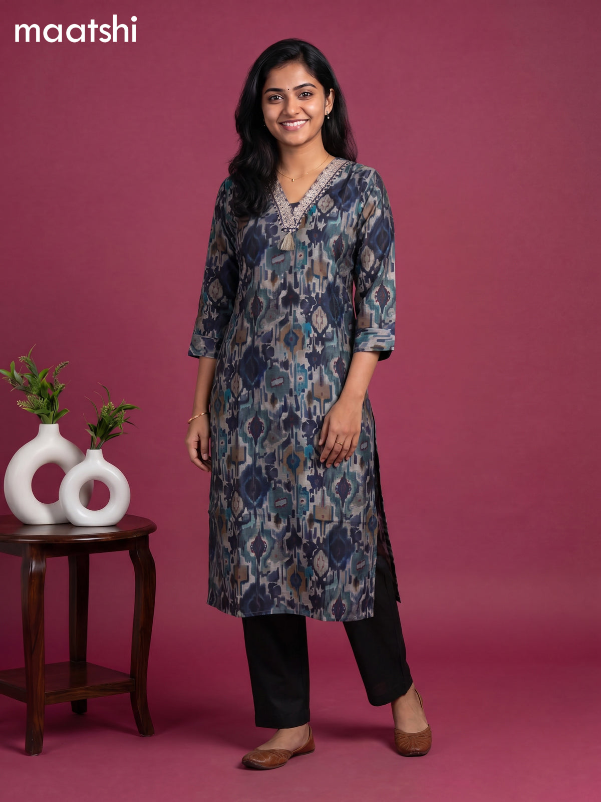 Beige and Blue Cotton Ikat Weaves & Lace Work Straight Kurti