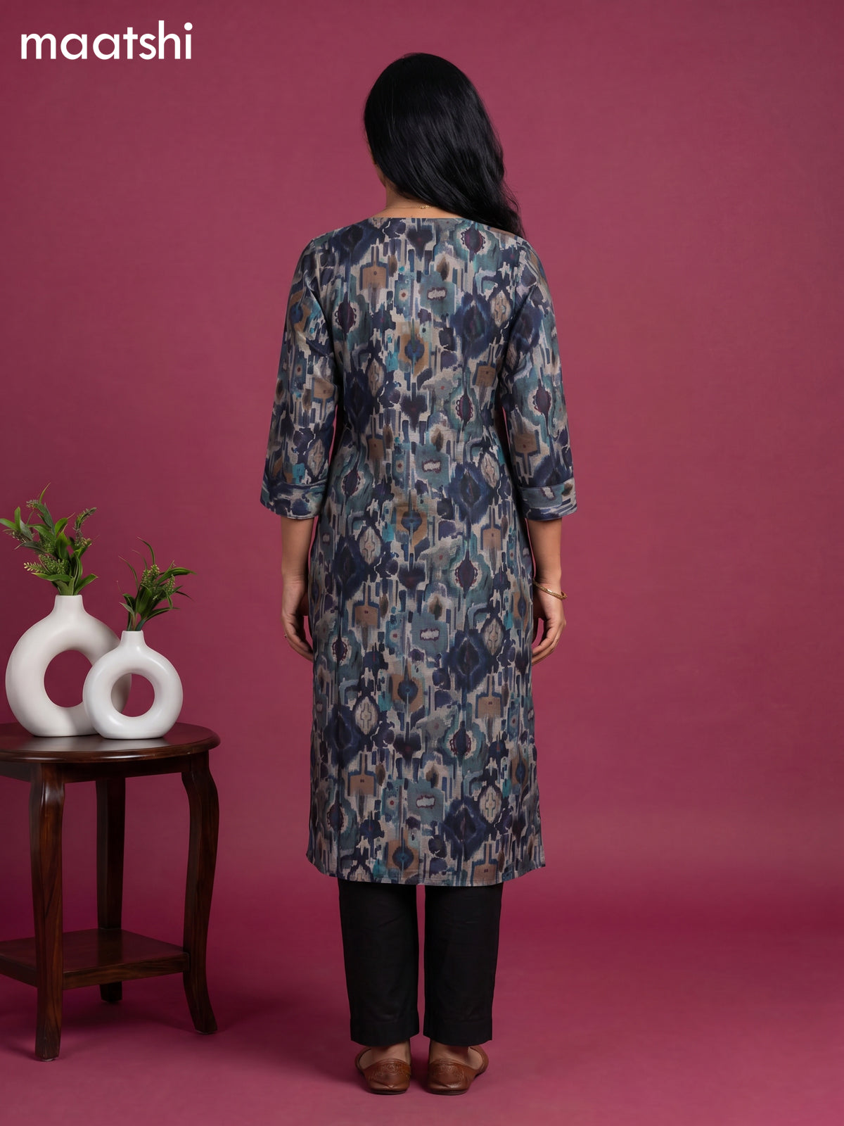 Beige and Blue Cotton Ikat Weaves & Lace Work Straight Kurti