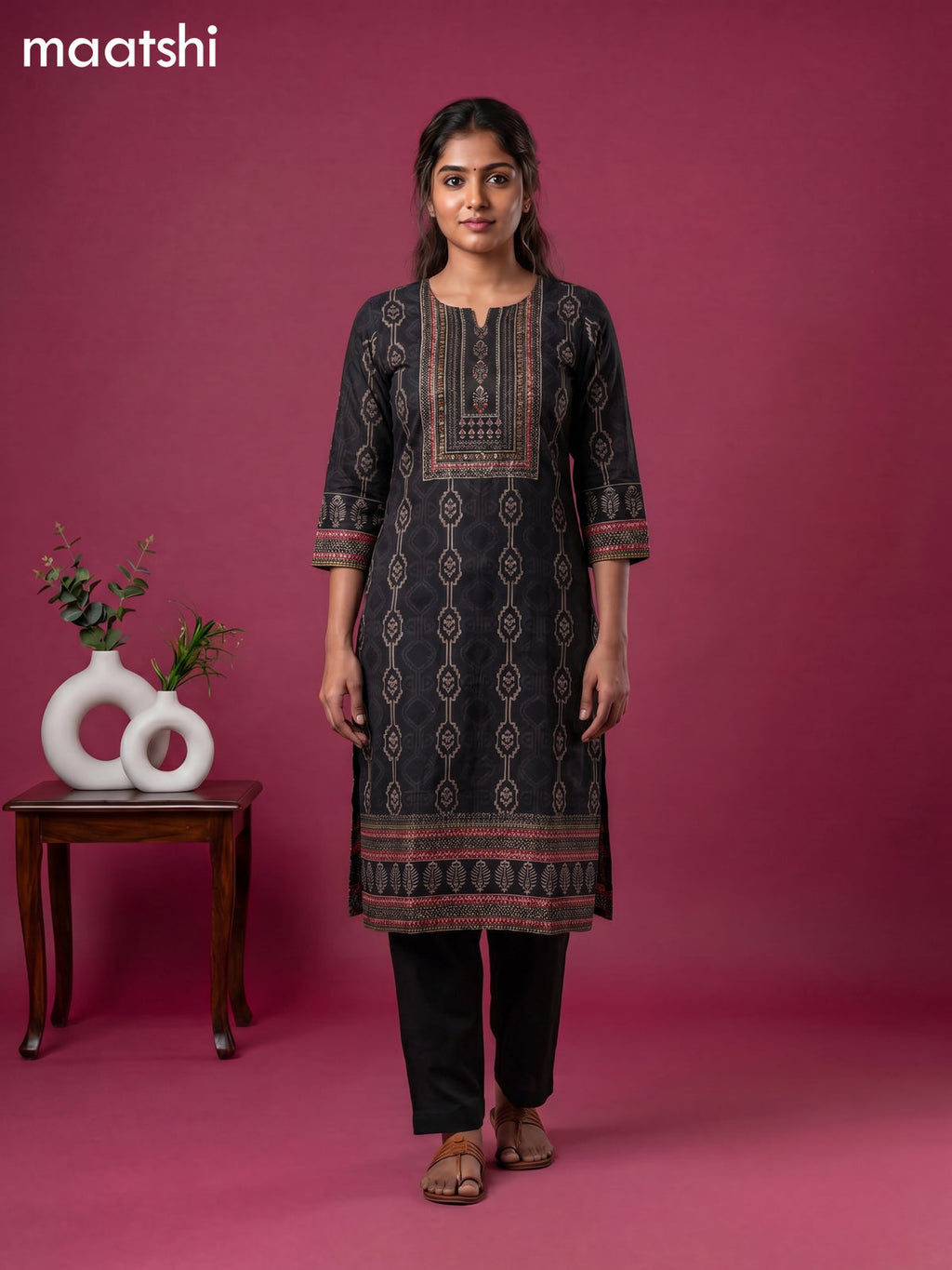 Black Cotton Ikat Weaves & Embroidery Work Straight Kurti