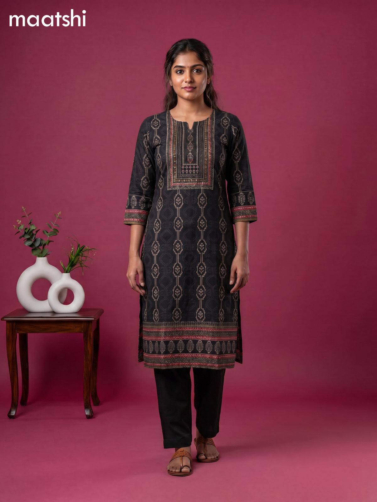 Black Cotton Ikat Weaves & Embroidery Work Straight Kurti