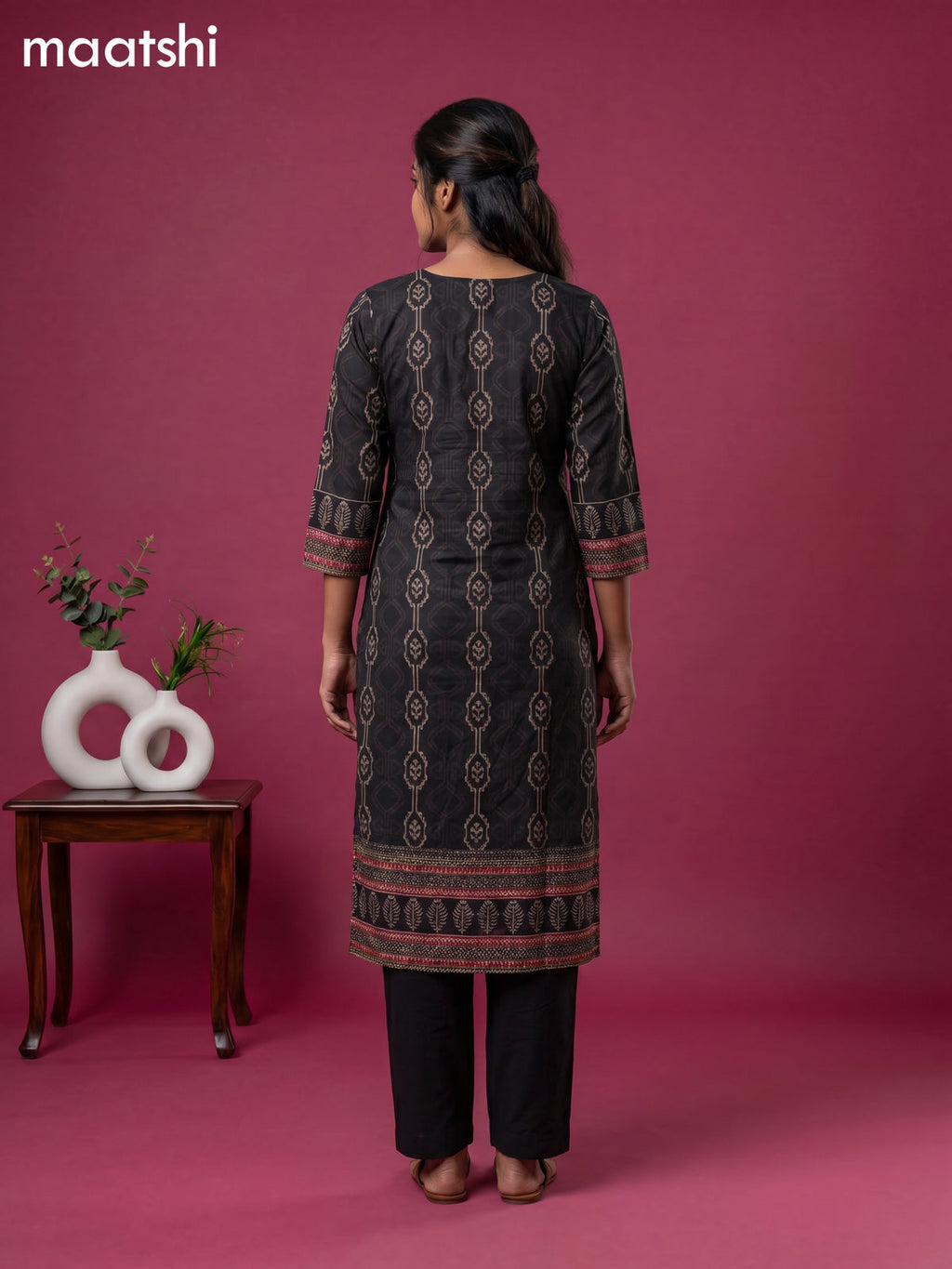 Black Cotton Ikat Weaves & Embroidery Work Straight Kurti