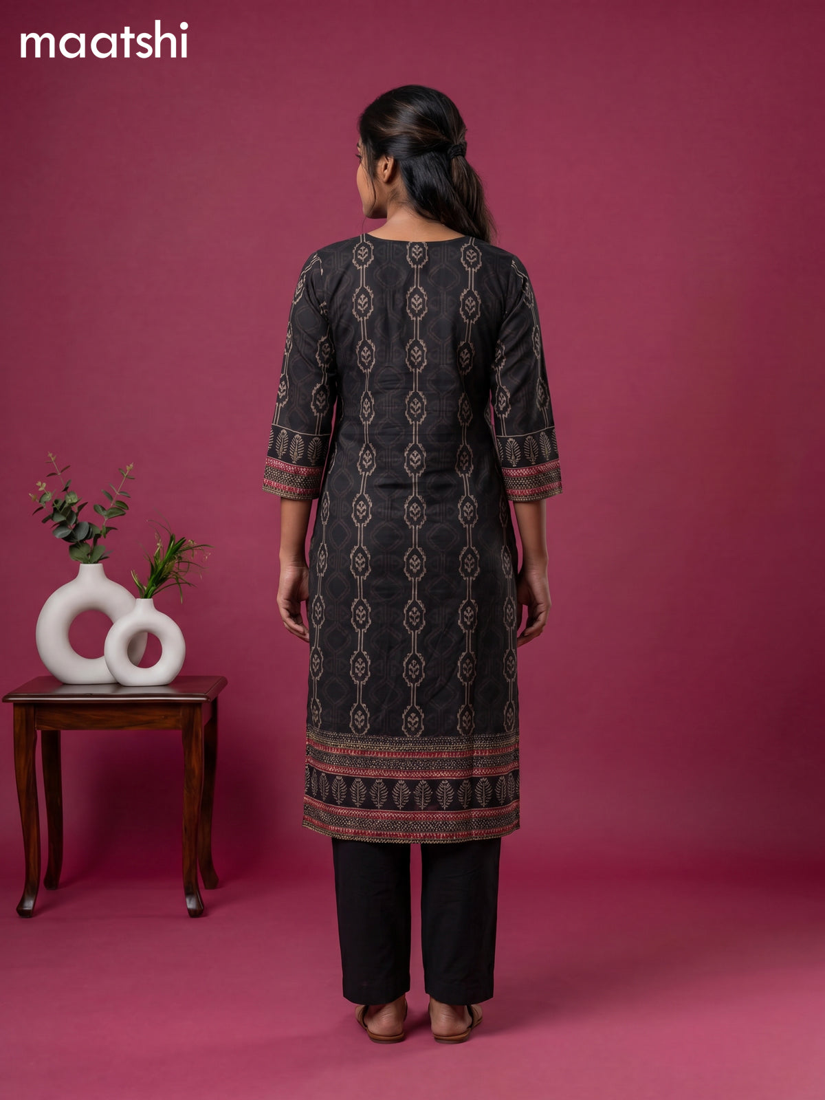 Black Cotton Ikat Weaves & Embroidery Work Straight Kurti