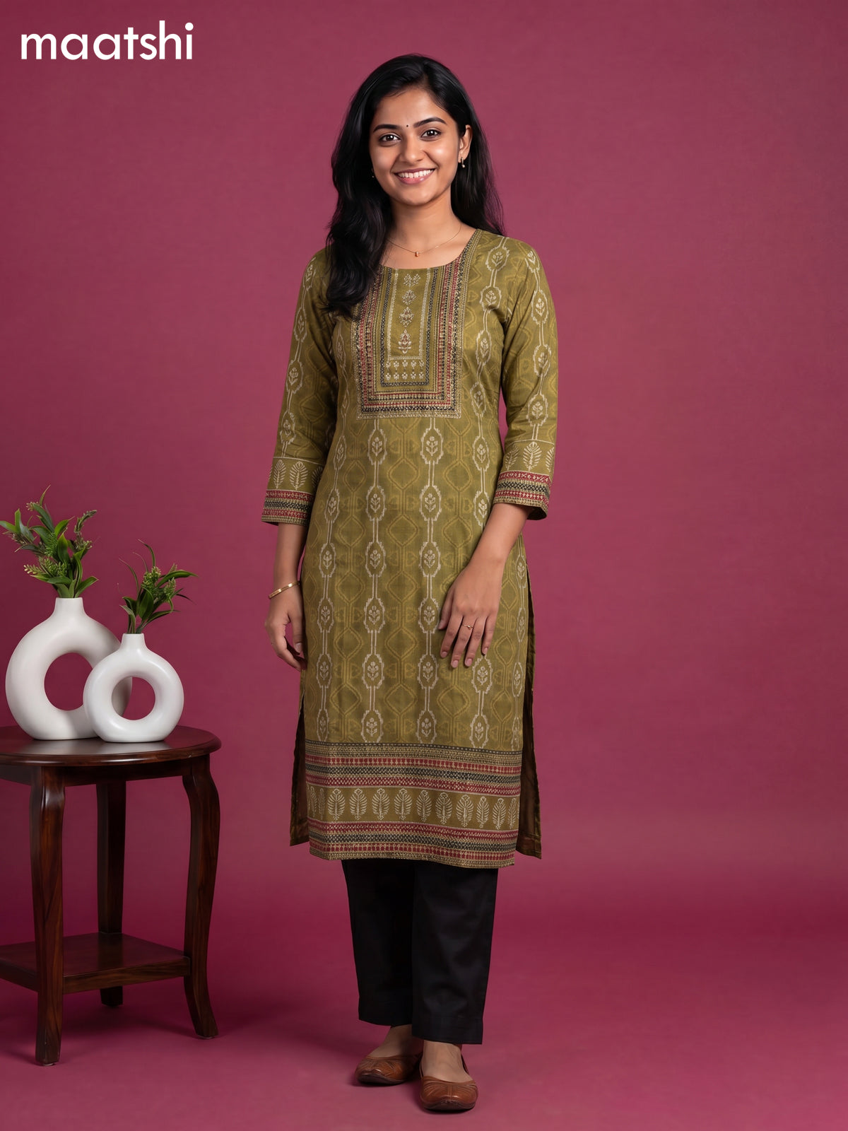 Sap Green Cotton Ikat Weaves & Embroidery Work Straight Kurti