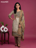 Beige and Green Art Silk Printed & Simple Embroidery Work Straight Suit