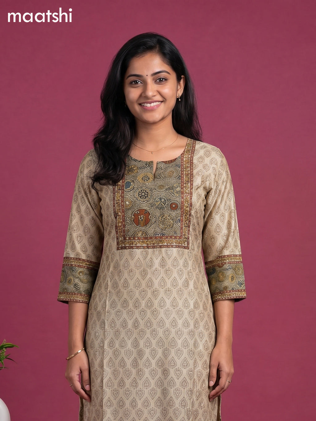 Beige and Green Art Silk Printed & Simple Embroidery Work Straight Suit
